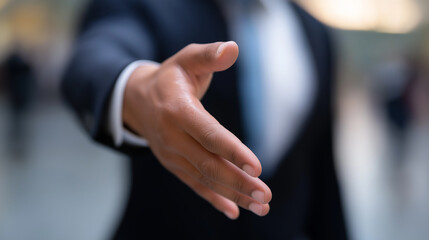 Businessman reaching out for a handshake in a modern glass office corridor, symbolizing agreement or welcome.
