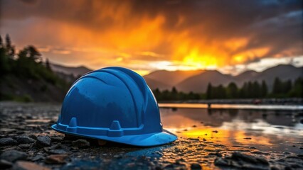 Blue hard hat on rocky ground with sunset background scene