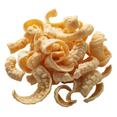 Pile of crispy yellow puffed wheat snacks with unique spiral shapes isolated on transparent background