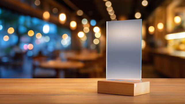 Blank acrylic menu or sign holder on a table in a modern restaurant with people in the background.

