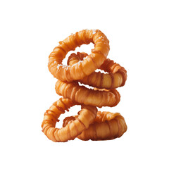 Crispy golden fried onion rings stacked in a tower with salt crystals isolated on transparent background