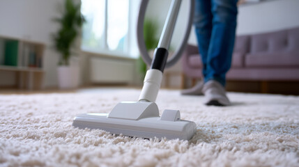 Person vacuuming a soft white carpet in a cozy living room with a vacuum cleaner.
