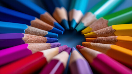 Obraz premium Arrangement of colorful sharpened pencils forming a circle on a white surface.