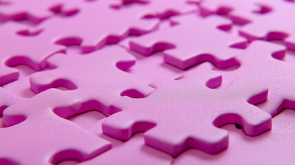 Single pink puzzle piece placed in a nearly completed jigsaw puzzle, symbolizing problem-solving or completion.
