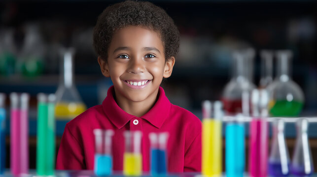 Smiling boy in a science lab surrounded by colorful chemical-filled flasks, representing STEM education.
