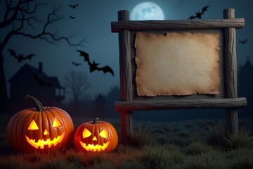 Spooky Halloween Wooden Signboard with Glowing Jack-o'-Lanterns and Full Moon