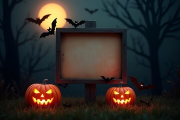 Spooky Halloween Wooden Signboard with Glowing Jack-o'-Lanterns and Full Moon