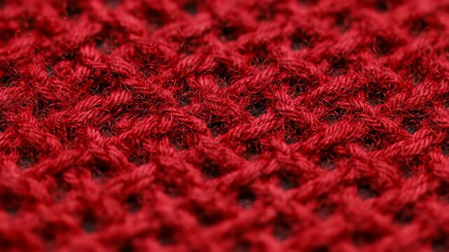 Close-up of red knitted fabric texture with blurred background.