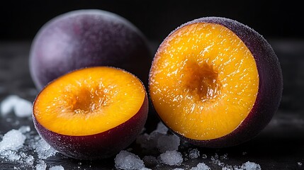 Frozen plums sliced open, showcasing juicy interior.