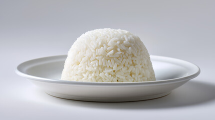 Plate of cooked white rice on a white napkin, isolated on a bright background.
