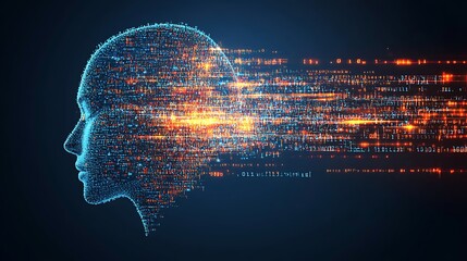 Digital representation of a human head with flowing code.