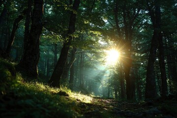 Obraz premium Sunburst piercing through trees illuminating misty forest path