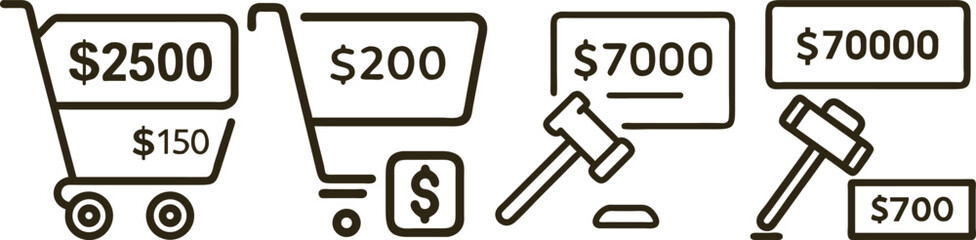 Online Shopping Cart with Various Prices, Auction Gavel and Bids, E-commerce and Sales Concept Illustration