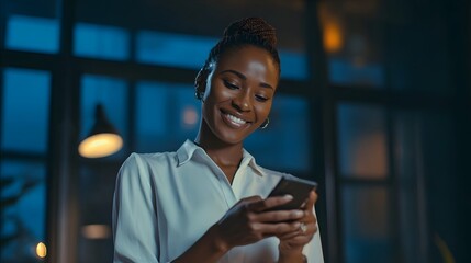 A young professional looking woman with a warm smile is using a mobile phone while sitting in a modern office environment
