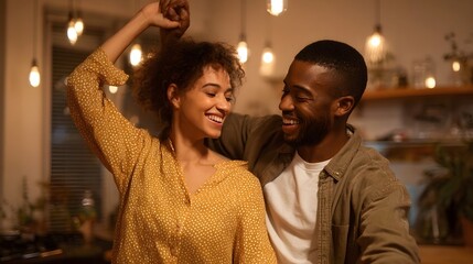 A smiling affectionate couple embracing and enjoying a warm festive moment together in the cozy kitchen