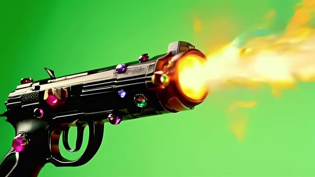 Jeweled Toy Ray Gun Shooting Energy Blast on Green Screen