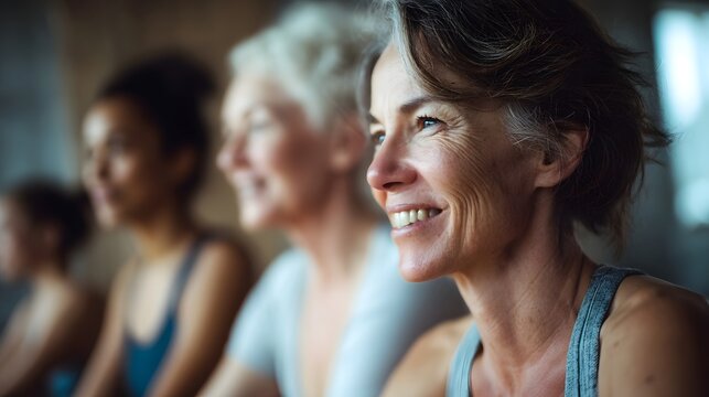 Smiling confident mature woman with a cheerful friendly expression in a group portrait setting