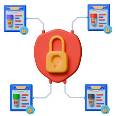 Medical lab result security system 3d illustration. Shield and lock connecting to patient's laboratory results.