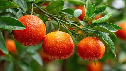Obraz premium Oranges hang in clusters on a tree, each fruit covered with tiny water droplets, reflecting sunlight in a lush citrus grove during a warm afternoon. The greenery enhances their rich color