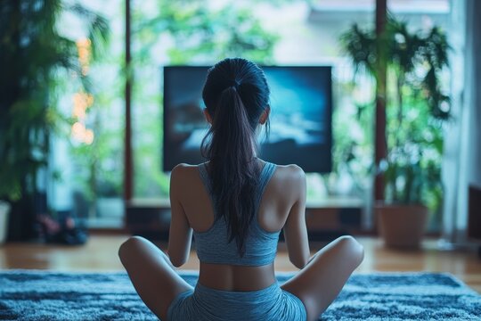 Asian young female watching an exercise video and working out at home, following an online fitness routine for personal health improvement, Generative AI
