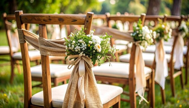 Photo footage of a rustic wedding chair decoration, featuring burlap sashes tied with twine, adorned with small wildflowers and lace ribbons, placed in an outdoor venue