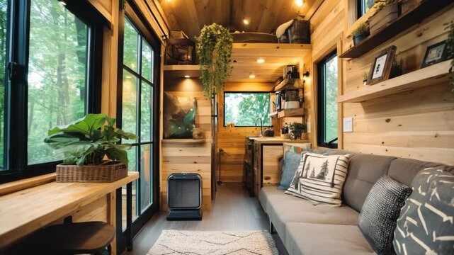 Cozy modern tiny house interior in a forest setting with natural light and wooden decor
