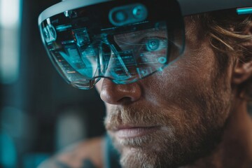Gazing into the Future: A close-up of a focused man immersed in a sleek, futuristic virtual reality headset, hinting at cutting-edge technological immersion.