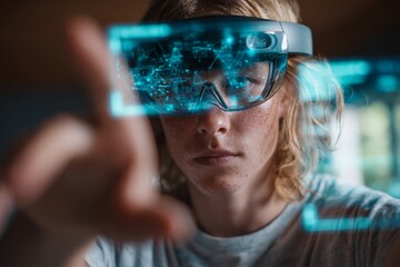 Gazing into Virtual Reality: A young person, fully engrossed in the immersive experience of virtual reality. This image represents future technology. 