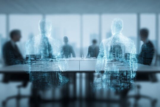 Meeting of Minds: The abstract image depicts a conference room with holographic outlines of attendees, suggesting a fusion of technology and human interaction. - Powered by Adobe