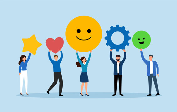 Employee satisfaction, workplace happiness or success team motivation, employee engagement or participation, feedback or company survey rating concept, business people employee with smile happy face.