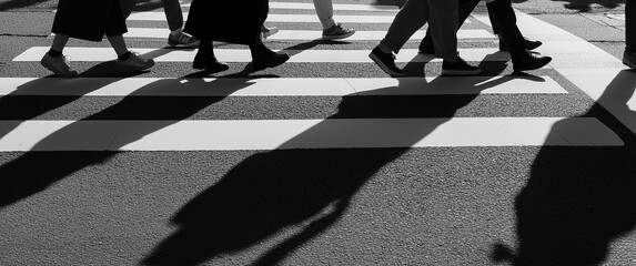 Multi-angle foot traffic on crosswalk with cinematic motion blur. Golden hour shadows and silhouettes for urban transportation visual projects.