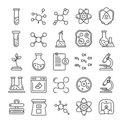 Collection of 25 minimal line science and chemistry icons, ideal for education, laboratory, and research projects.