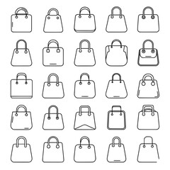 Collection of 25 minimal line shopping bag and handbag icons, perfect for e-commerce, retail, and fashion applications.