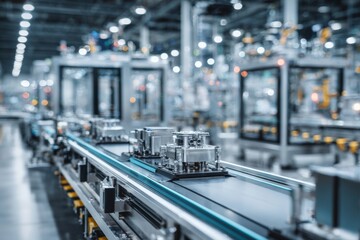 Fototapeta premium Conveyor Belt in Factory: A meticulously organized assembly line in an industrial setting. Robotic arms precisely place components. Highlighting the efficiency and precision of modern manufacturing.