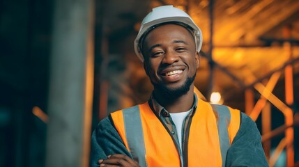 A cheerful construction worker wearing a hardhat and safety vest standing in front of a night construction site and exuding a positive confident demeanor