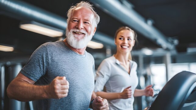 An active elderly couple exercising on a treadmill in a modern fitness center smiling and appearing motivated and energetic