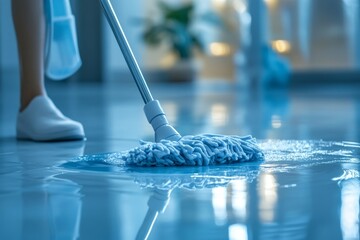 Happy female housekeeper service worker mopping the living room floor with mop and cleaner product, ensuring cleanliness and a fresh environment, Generative AI