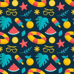 Tropical Summer Seamless Pattern with Beach Elements in a Flat Cartoon Style Illustration