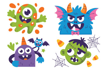 Naklejka premium Cartoon Halloween Monster Collection Frankenstein, Cyclops, Horned Demon and Bat Design Elements