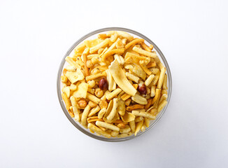 Indian Gujrathi snacks called Farsan or Mix Chiwda isolated on white background 