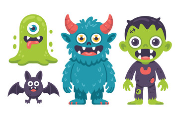 Fototapeta premium Cartoon Halloween Monsters Green Blob, Blue Furry Creature with Horns, Zombie and a Bat