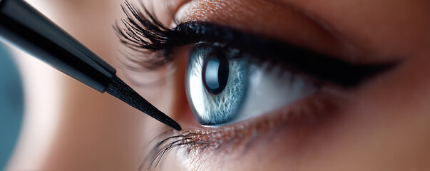 Applying eyeliner to enhance eye makeup with a close-up view of a flawless blue eye