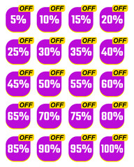 discount tag vector illustration icon, 5%, 10%, 15%, 20%, 25%, 30%, 35%, 40%, 45%, 50%, 55%, 60%, 65%, 70%, 75%, 80%, 85%, 90%, 95%, 100% off discounts