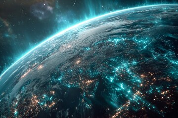 Obraz premium Earth's Night Lights: The vibrant tapestry of planet Earth unveils a stunning view, revealing its lights, atmospheric glow, stars, space, and the intricate beauty of our world.