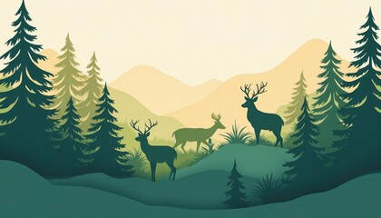 Obraz premium Silhouettes of deer in a lush forest landscape.