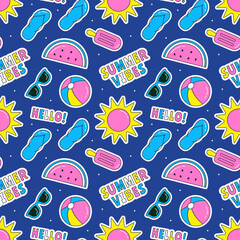 Tropical Summer Seamless Pattern with Beach Elements in a Flat Cartoon Style Illustration