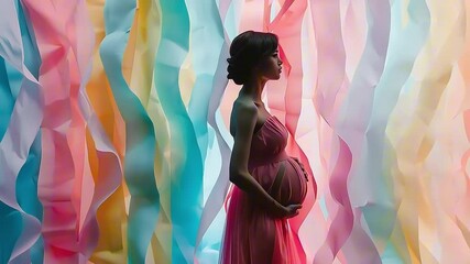 Modern banner about pregnancy and motherhood. Poster with a beautiful young pregnant woman. Minimalistic design