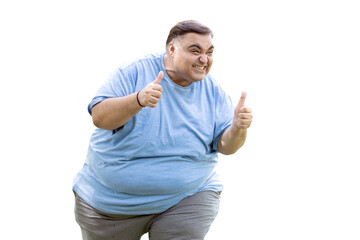 Excited funny overweight indian man dancing. Happy energetic fat guy do thumbs up. Humorous Crazy plus size male . Obesity and healthcare. Body positive.