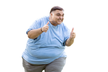 Excited funny overweight indian man dancing. Happy energetic fat guy do thumbs up. Humorous Crazy plus size male . Obesity and healthcare. Body positive.