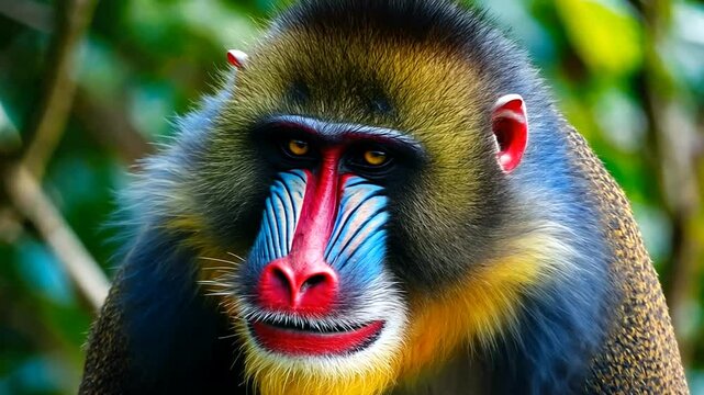 Close-up of a vibrant mandrill monkey showcasing its colorful face in a lush jungle setting